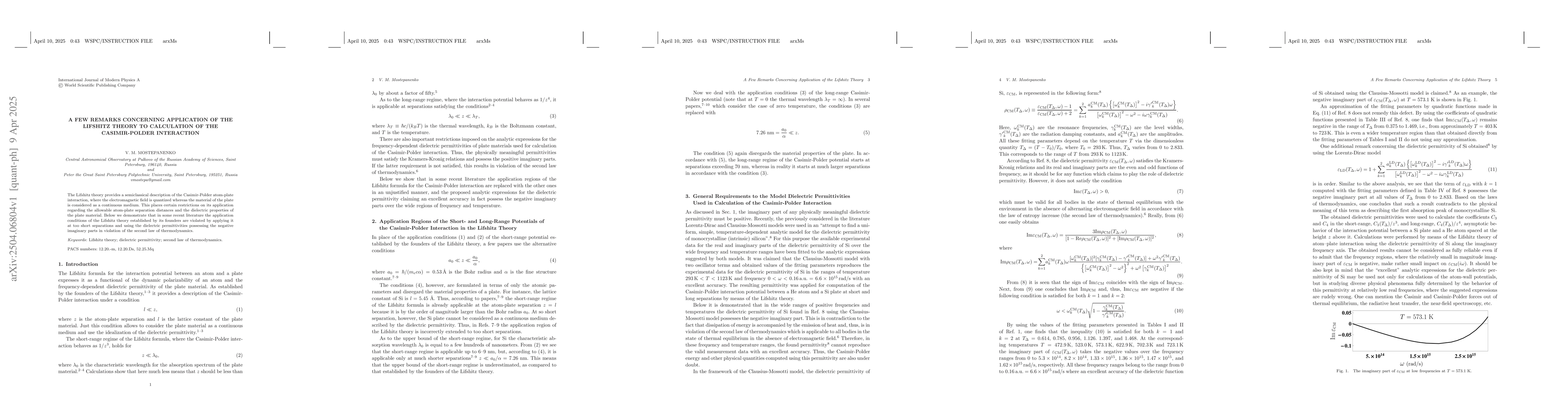 Thumbnail for A few remarks concerning application of the Lifshitz theory to
  calculation of the Casimir-Polder interaction