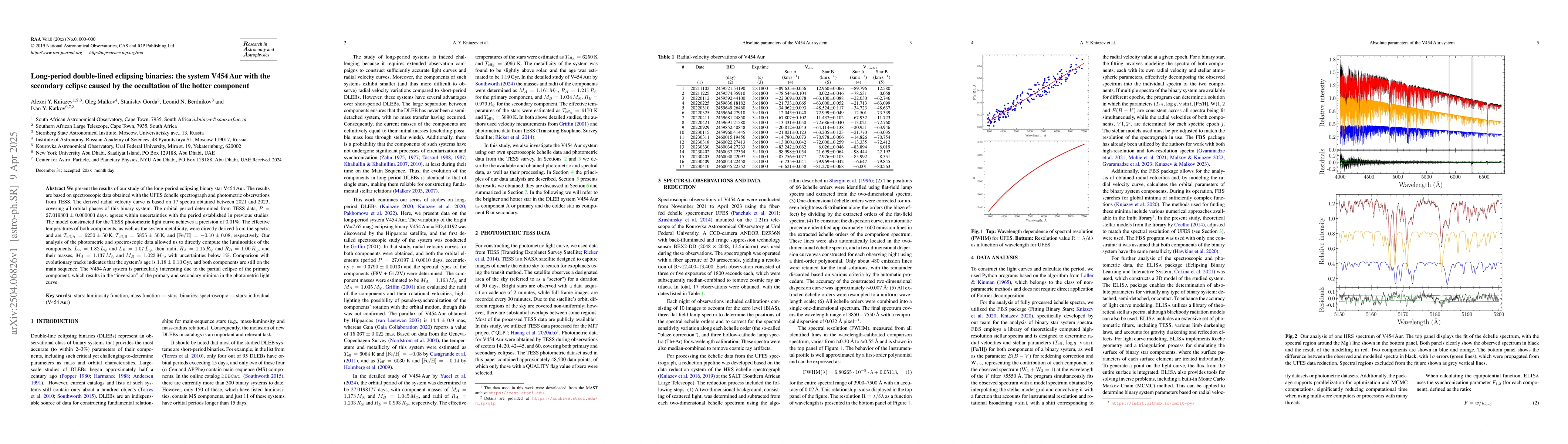 Thumbnail for Long-period double-lined eclipsing binaries: the system V454 Aur with
  the secondary eclipse caused by the occultation of the hotter component
