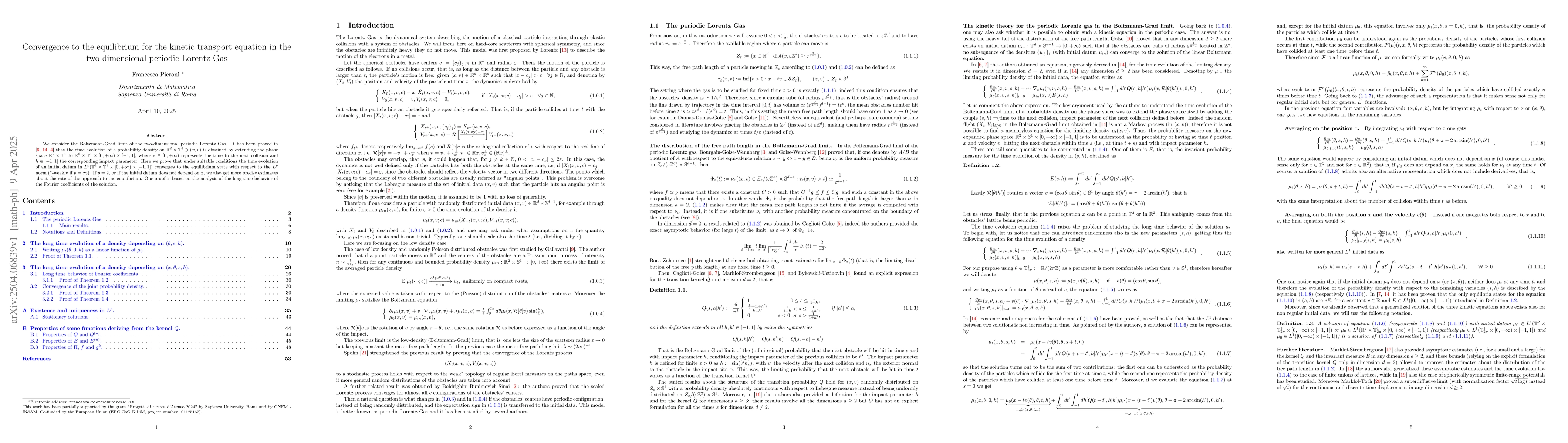 Thumbnail for Convergence to the equilibrium for the kinetic transport equation in the
  two-dimensional periodic Lorentz Gas