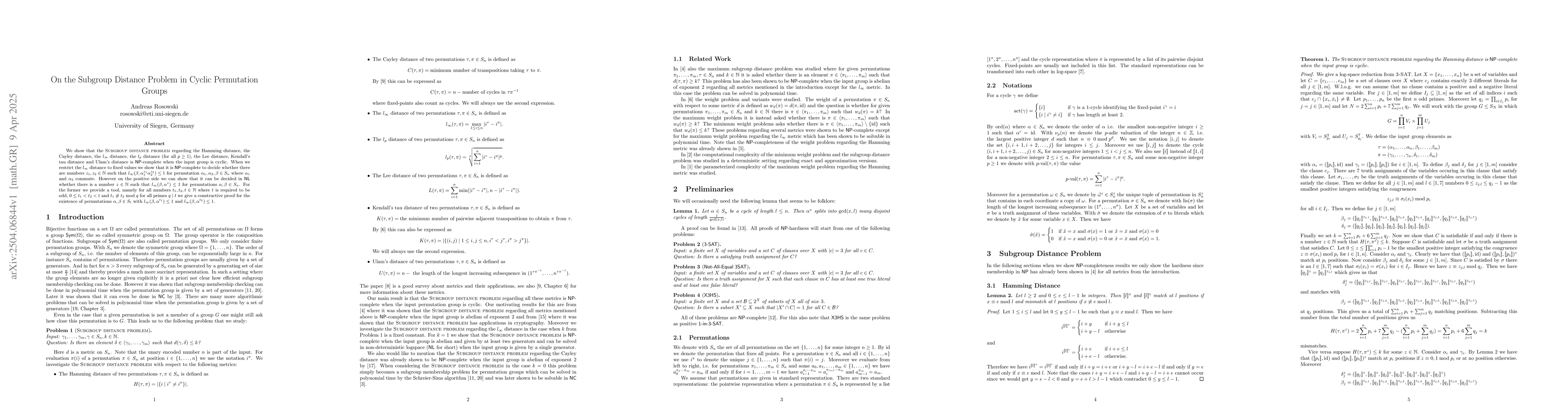 Thumbnail for On the Subgroup Distance Problem in Cyclic Permutation Groups