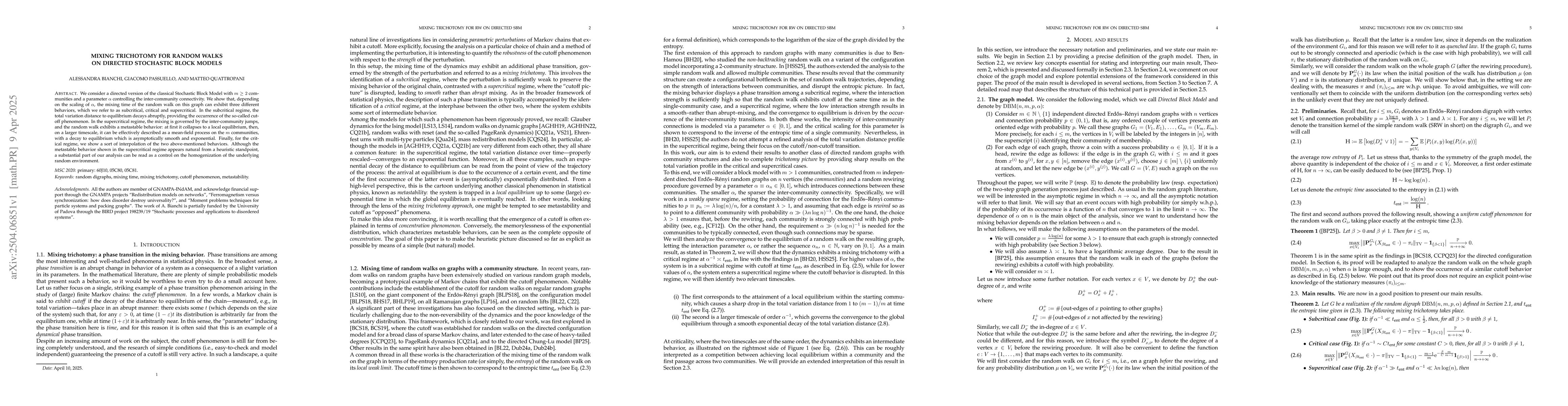 Thumbnail for Mixing trichotomy for random walks on directed stochastic block models
