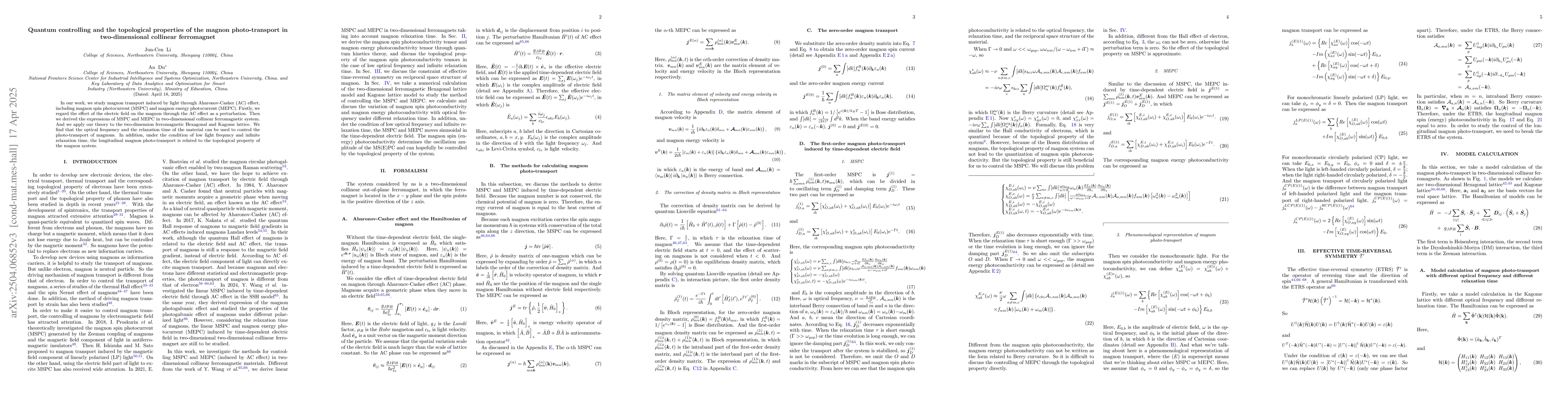 Thumbnail for Quantum controlling and the topological properties of the magnon
  photo-transport in two-dimensional collinear ferromagnet