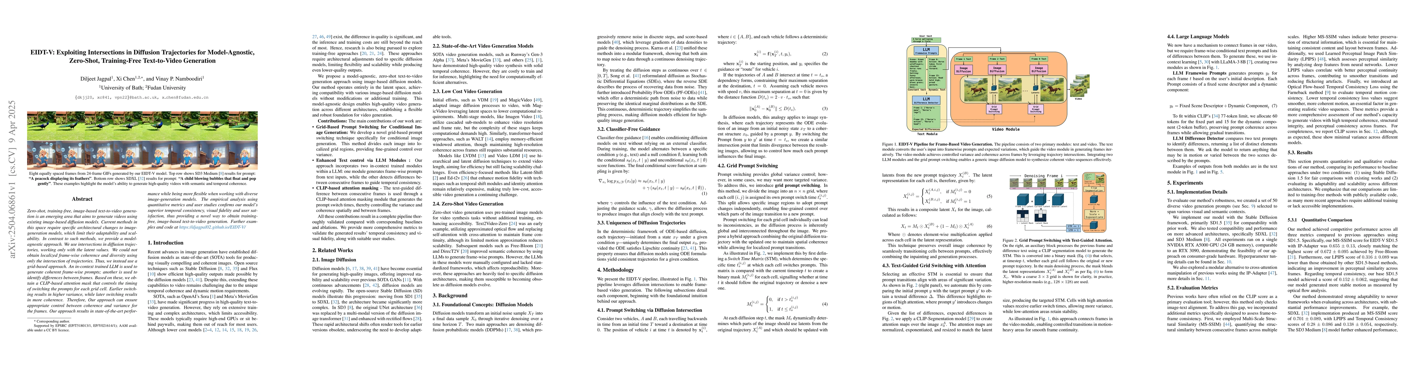 Thumbnail for EIDT-V: Exploiting Intersections in Diffusion Trajectories for
  Model-Agnostic, Zero-Shot, Training-Free Text-to-Video Generation