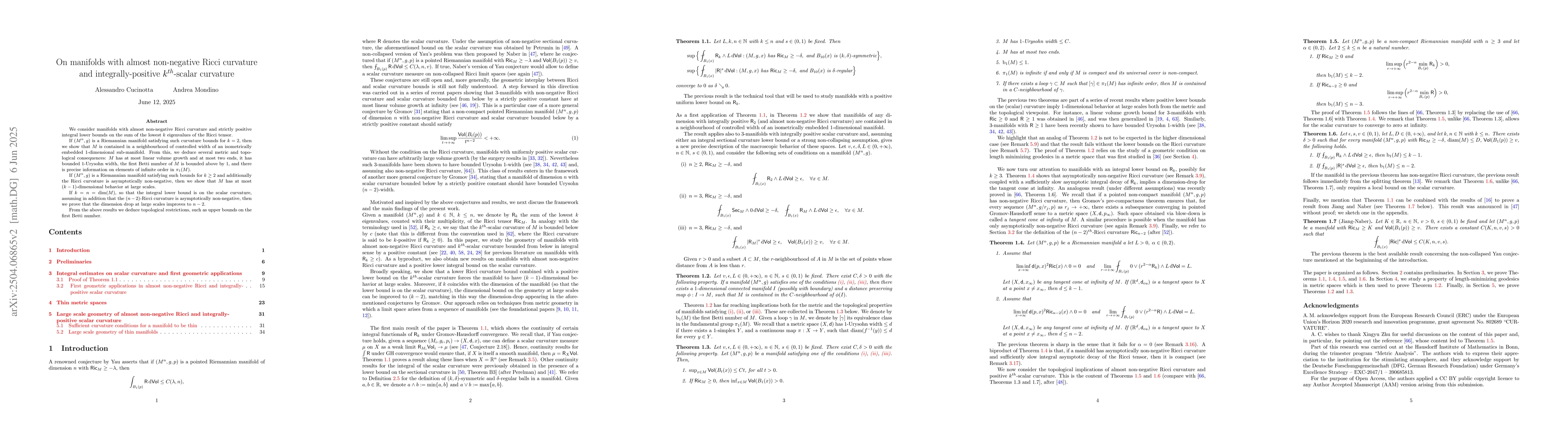 Thumbnail for On manifolds with almost non-negative Ricci curvature and
  integrally-positive $k^{th}$-scalar curvature