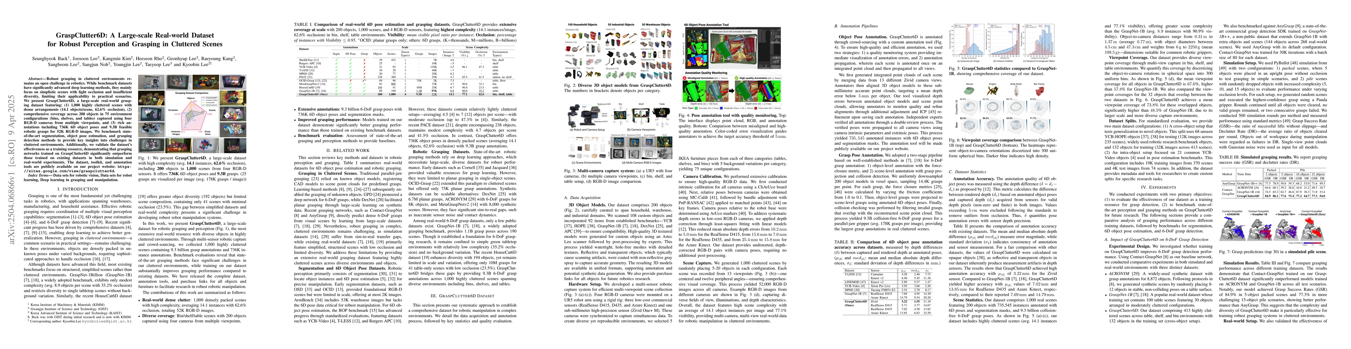 Thumbnail for GraspClutter6D: A Large-scale Real-world Dataset for Robust Perception
  and Grasping in Cluttered Scenes