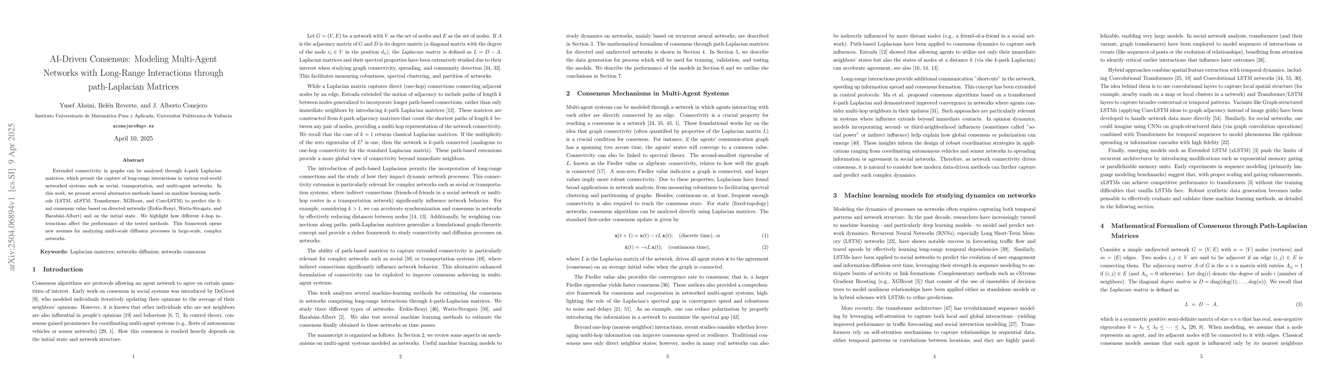 Thumbnail for AI-Driven Consensus: Modeling Multi-Agent Networks with Long-Range
  Interactions through path-Laplacian Matrices