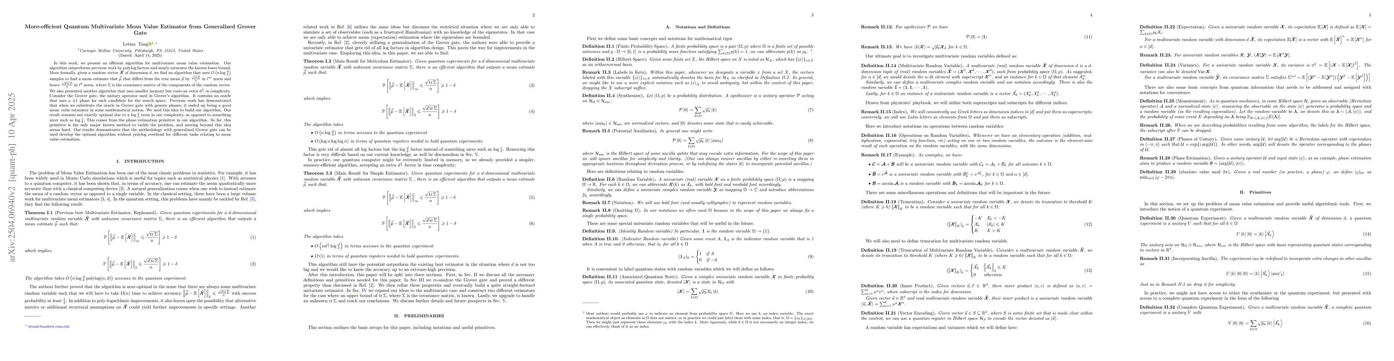 Thumbnail for More-efficient Quantum Multivariate Mean Value Estimator from
  Generalized Grover Gate