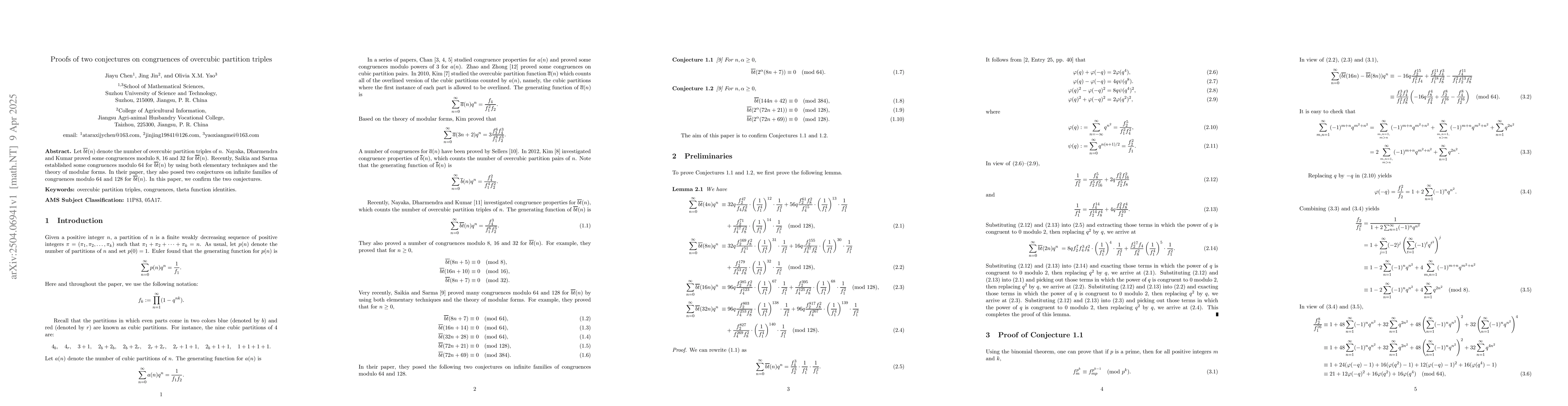 Thumbnail for Proofs of two conjectures on congruences of overcubic partition triples