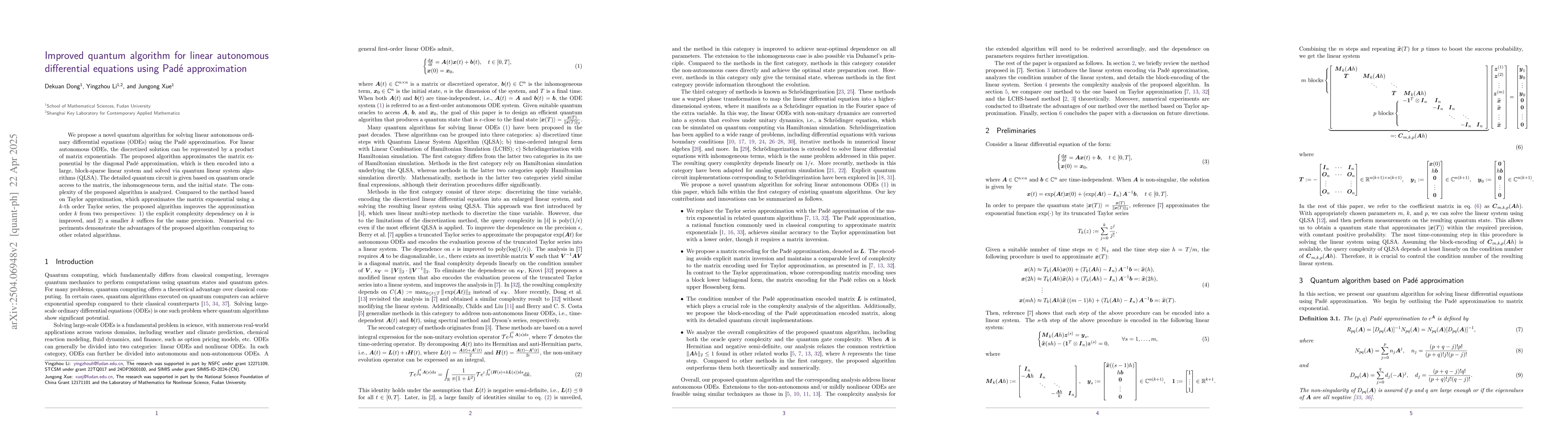 Thumbnail for An improved quantum algorithm for linear autonomous differential
  equations via Padé approximation