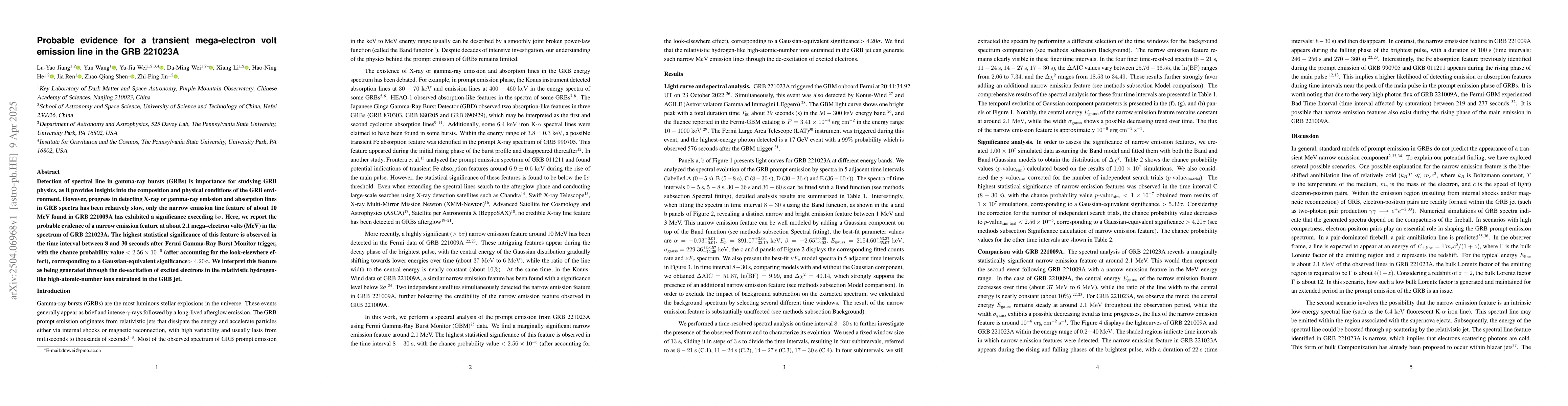 Thumbnail for Probable evidence for a transient mega-electron volt emission line in
  the GRB 221023A
