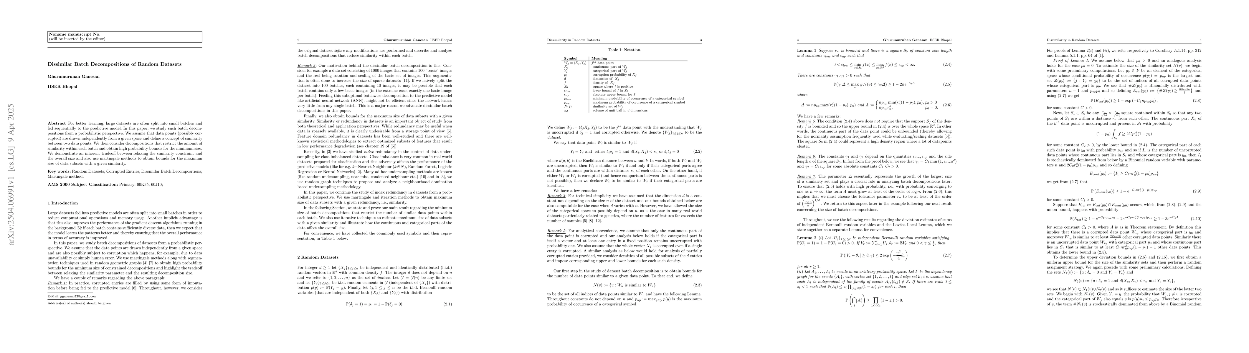Thumbnail for Dissimilar Batch Decompositions of Random Datasets