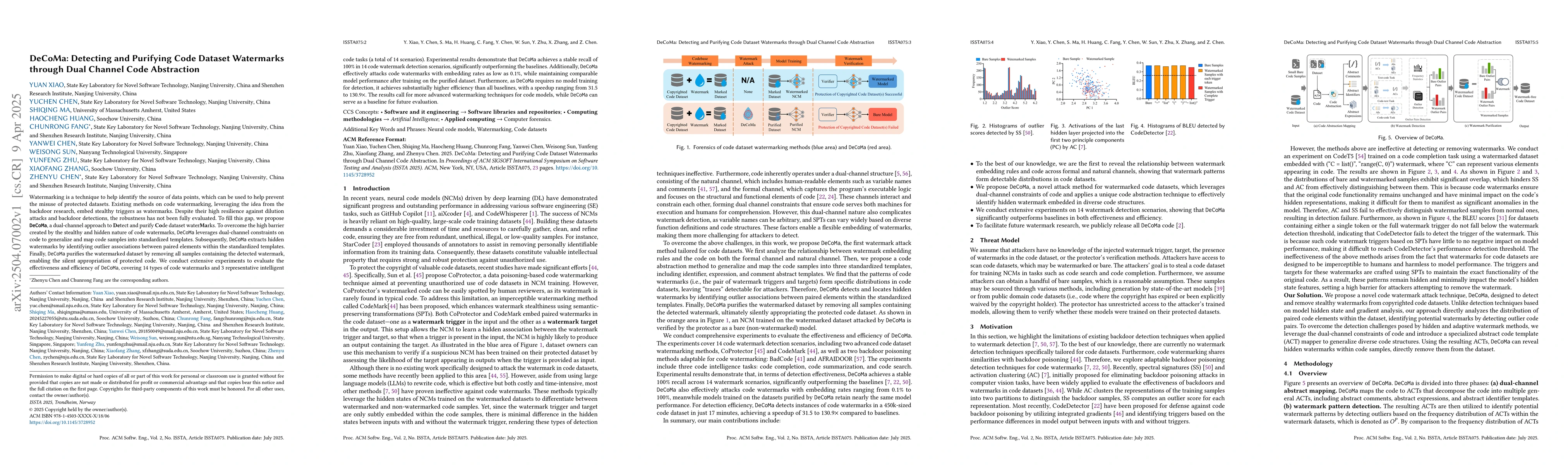 Thumbnail for DeCoMa: Detecting and Purifying Code Dataset Watermarks through Dual
  Channel Code Abstraction