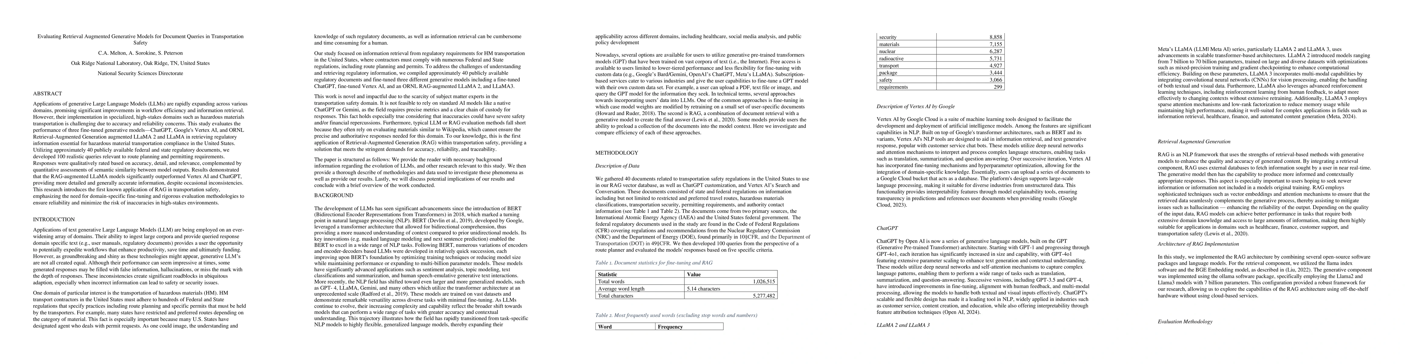 Thumbnail for Evaluating Retrieval Augmented Generative Models for Document Queries in
  Transportation Safety