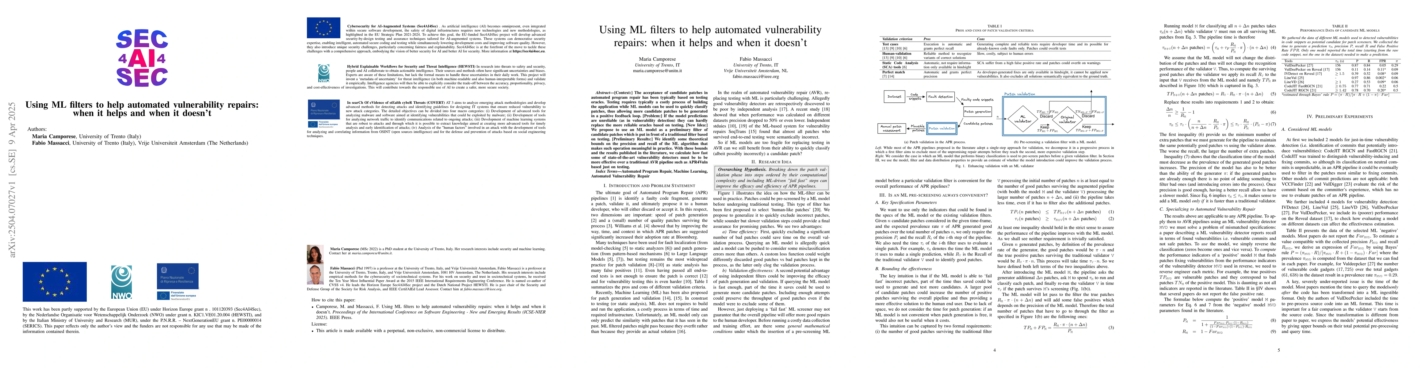 Thumbnail for Using ML filters to help automated vulnerability repairs: when it helps
  and when it doesn't