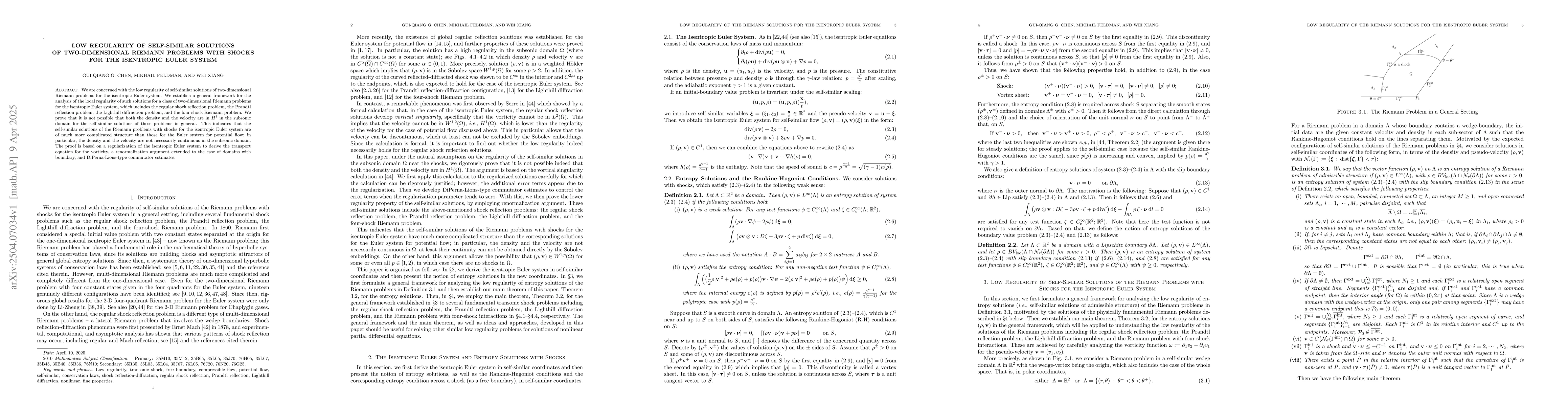 Thumbnail for Low Regularity of Self-Similar Solutions of Two-Dimensional Riemann
  problems with Shocks for the Isentropic Euler system