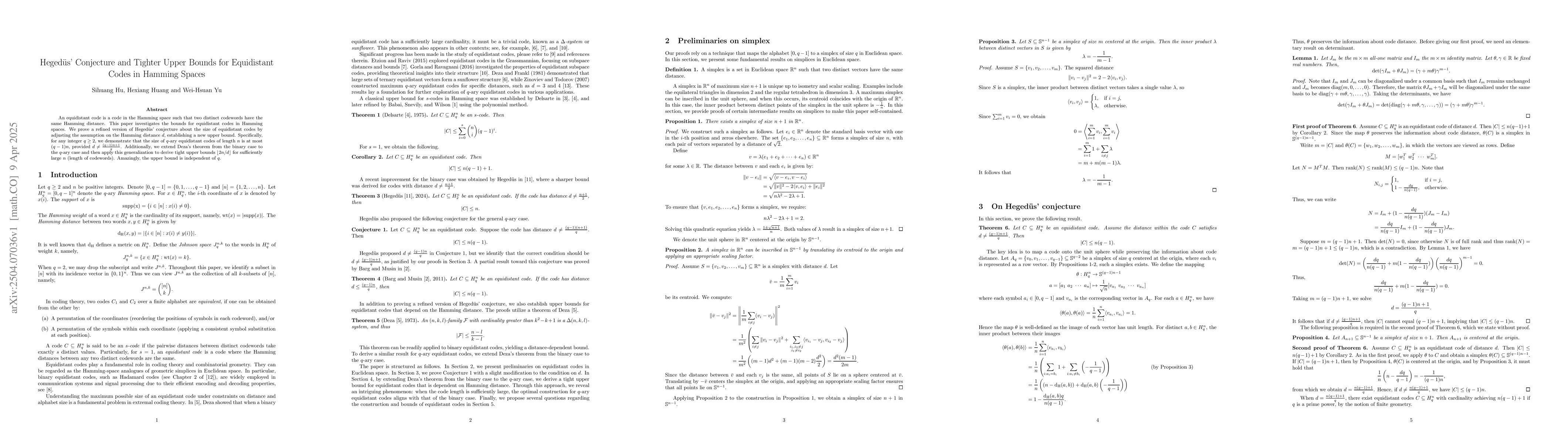 Thumbnail for Hegedus' Conjecture and Tighter Upper Bounds for Equidistant Codes in
  Hamming Spaces