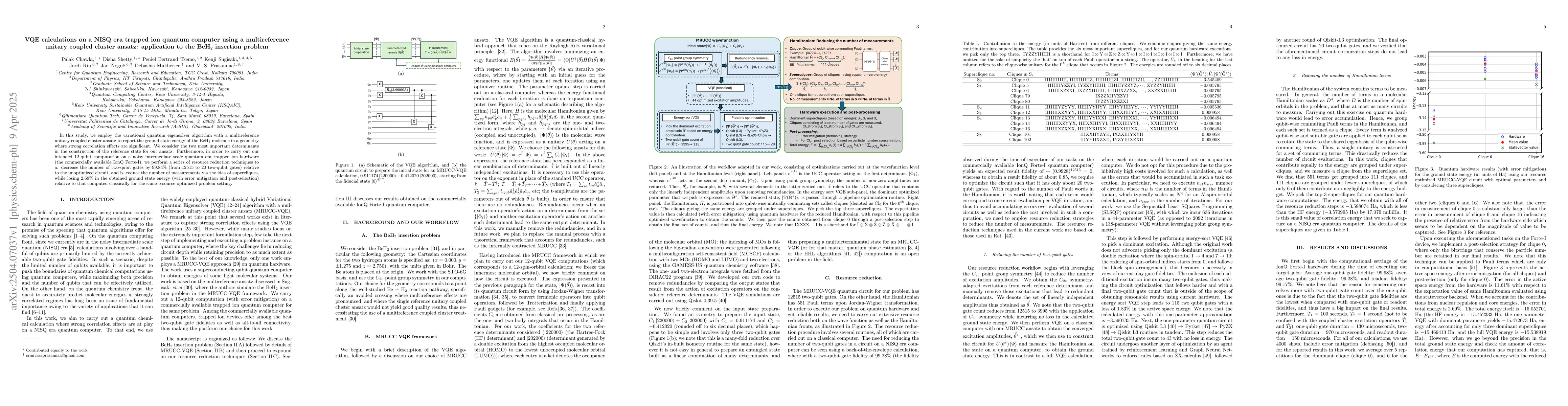 Thumbnail for VQE calculations on a NISQ era trapped ion quantum computer using a
  multireference unitary coupled cluster ansatz: application to the BeH$_2$
  insertion problem