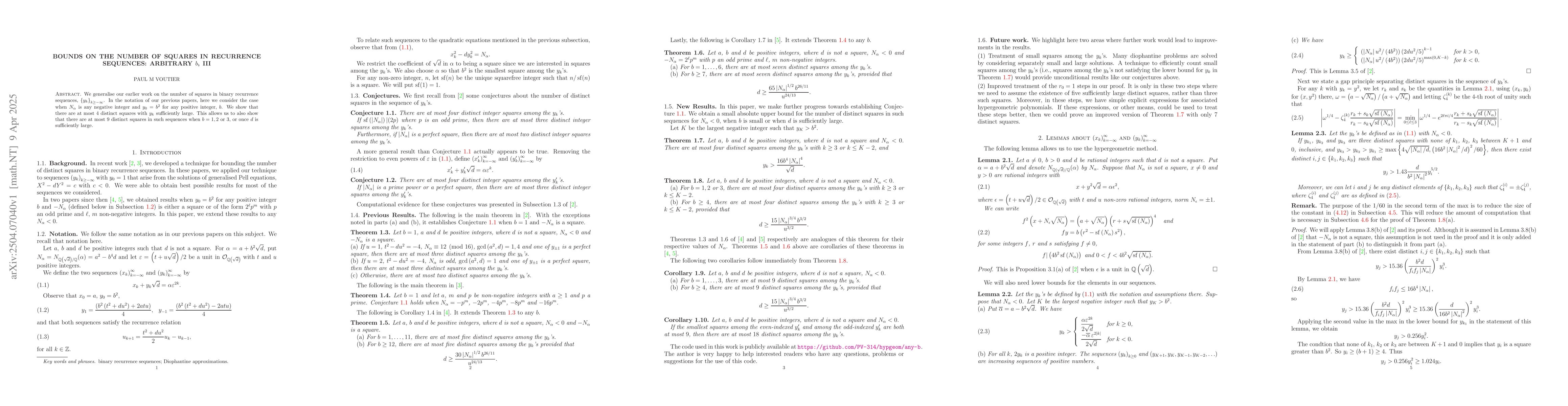 Thumbnail for Bounds on the number of squares in recurrence sequences: arbitrary $b$,
  III