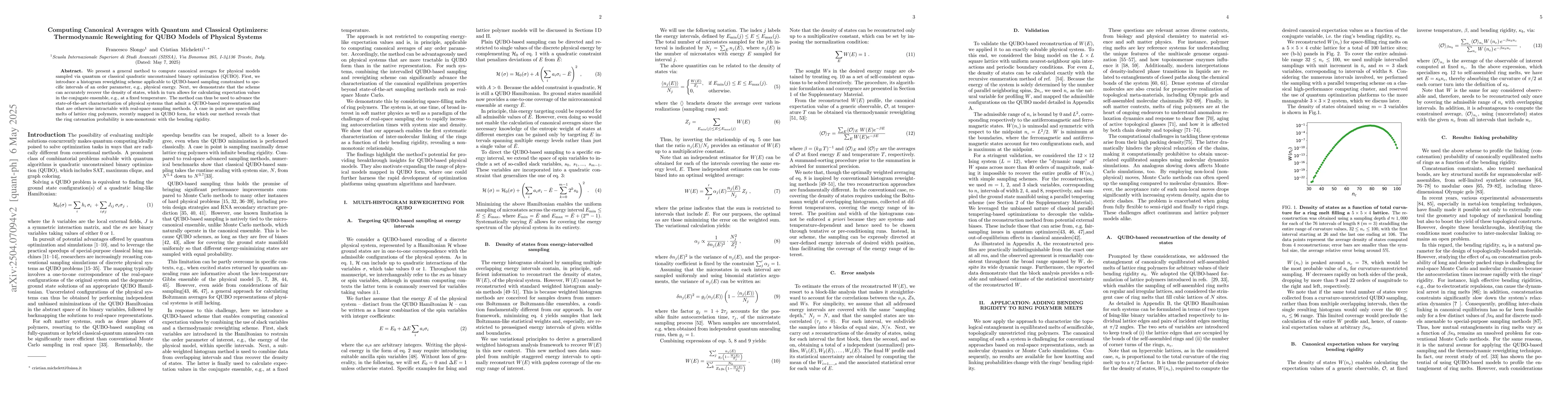 Thumbnail for Computing Canonical Averages with Quantum and Classical Optimizers:
  Thermodynamic Reweighting for QUBO Models of Physical Systems