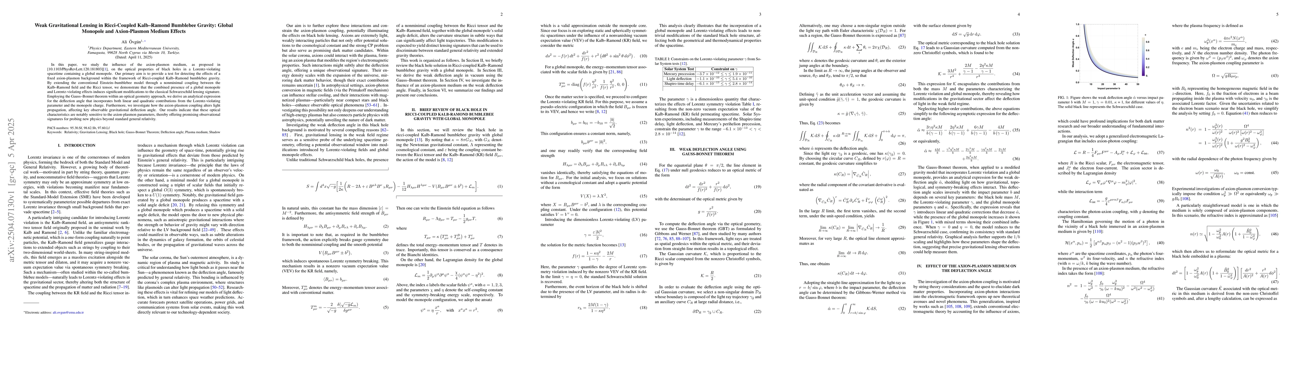 Thumbnail for Weak Gravitational Lensing in Ricci-Coupled Kalb-Ramond Bumblebee
  Gravity: Global Monopole and Axion-Plasmon Medium Effects