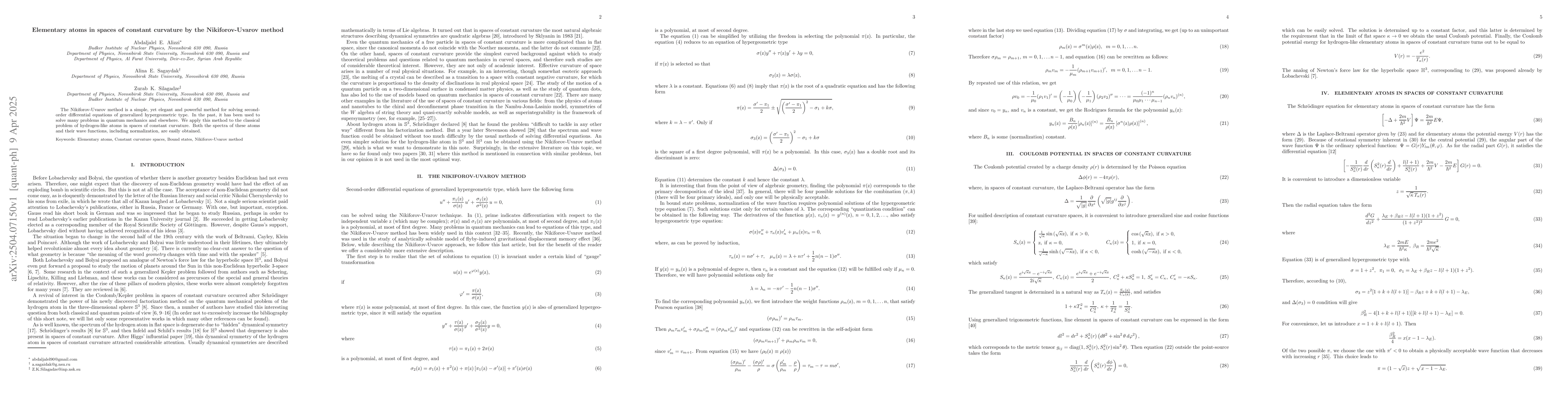 Thumbnail for Elementary atoms in spaces of constant curvature by the Nikiforov-Uvarov
  method