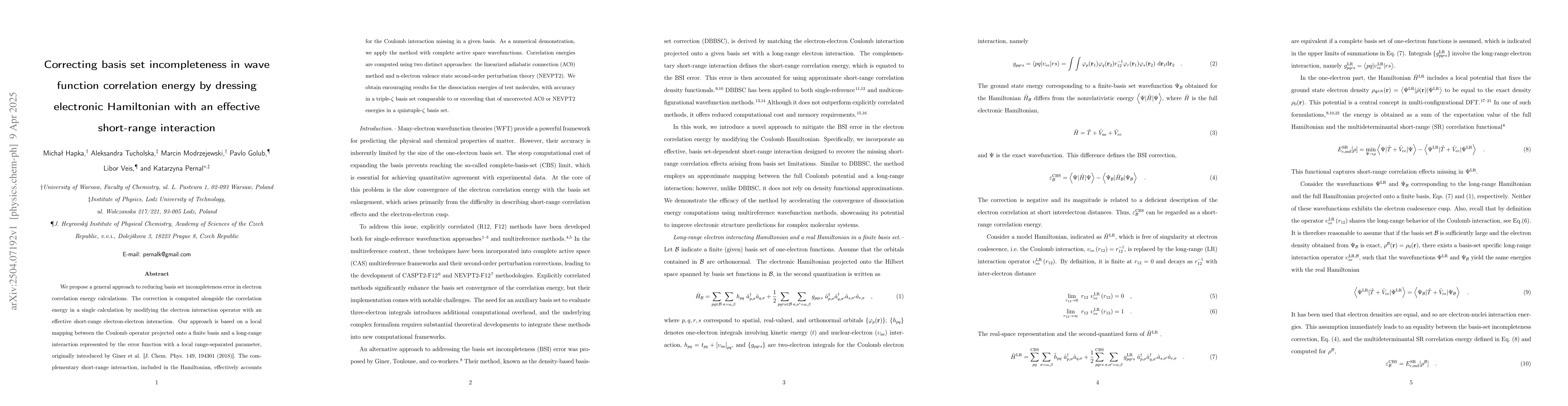 Thumbnail for Correcting basis set incompleteness in wave function correlation energy
  by dressing electronic Hamiltonian with an effective short-range interaction