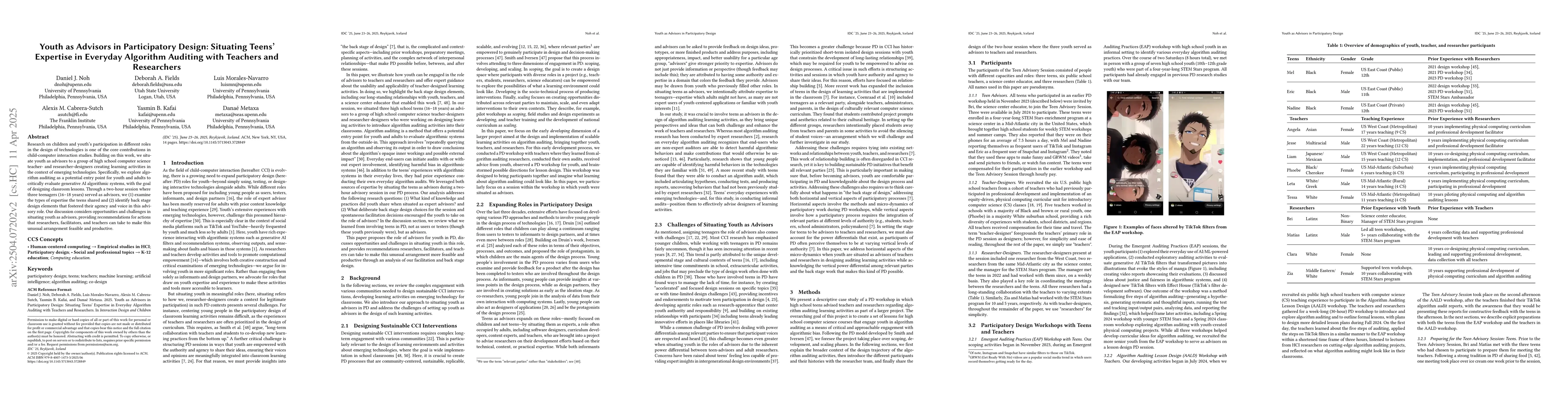 Thumbnail for Youth as Advisors in Participatory Design: Situating Teens' Expertise in
  Everyday Algorithm Auditing with Teachers and Researchers