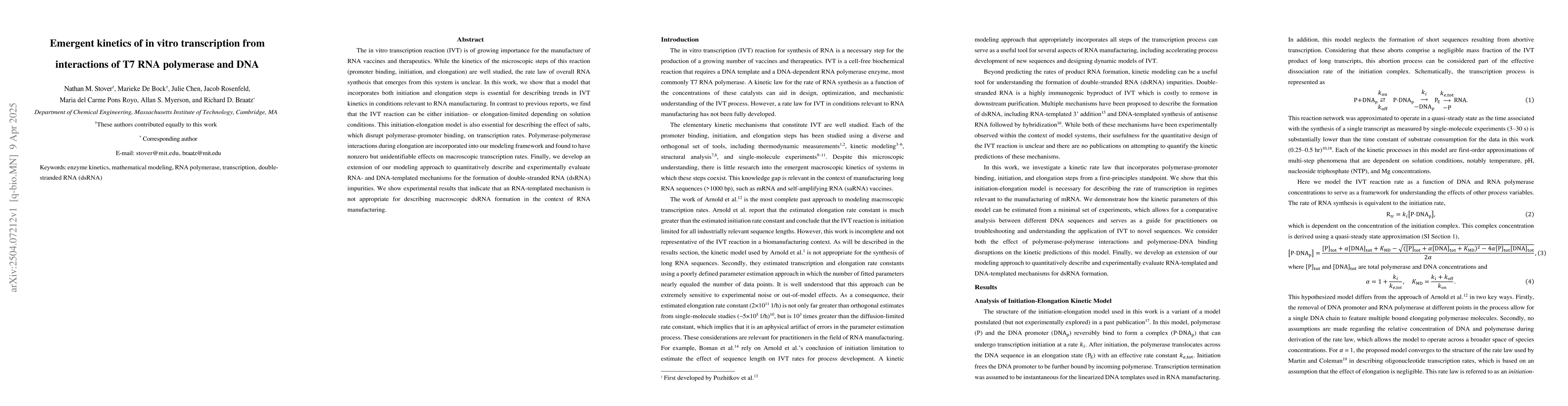 Thumbnail for Emergent kinetics of in vitro transcription from interactions of T7 RNA
  polymerase and DNA