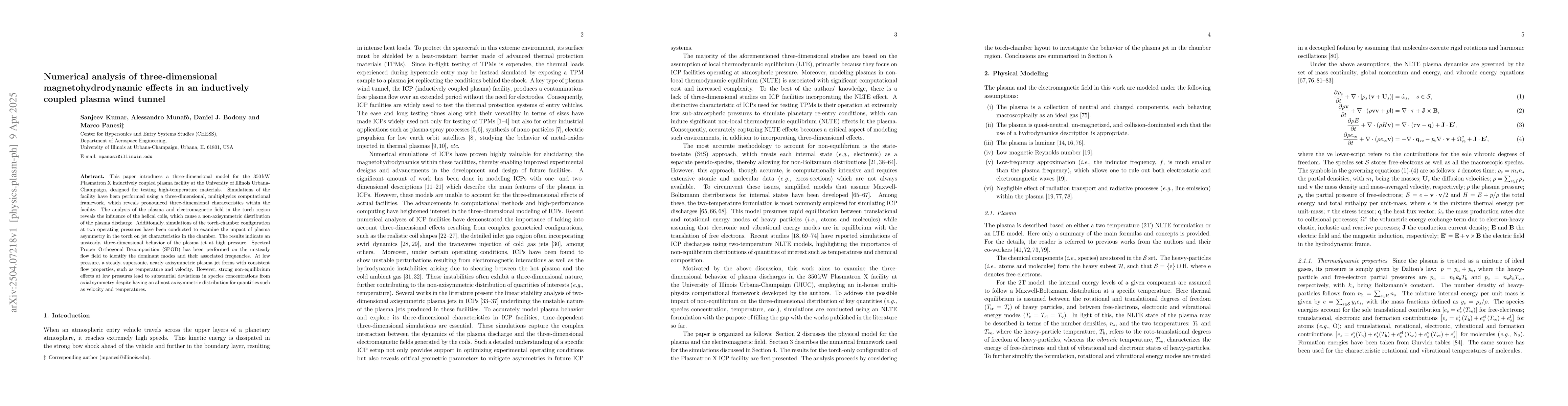 Thumbnail for Numerical analysis of three-dimensional magnetohydrodynamic effects in
  an inductively coupled plasma wind tunnel
