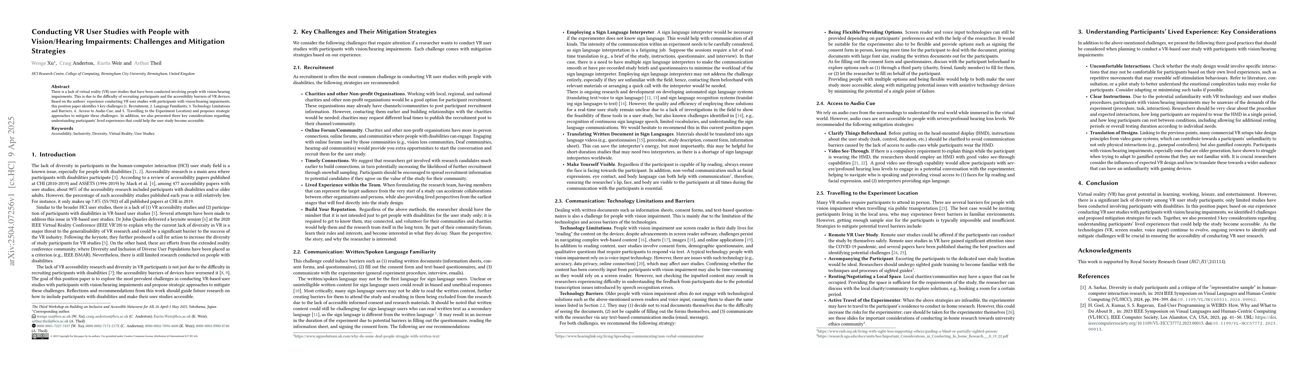 Thumbnail for Conducting VR User Studies with People with Vision/Hearing Impairments:
  Challenges and Mitigation Strategies