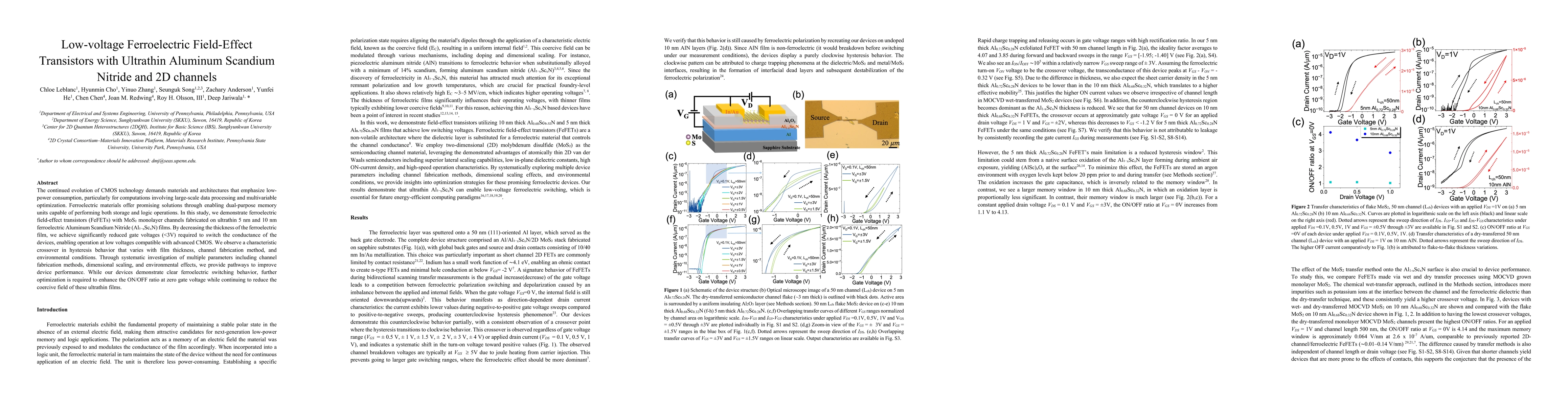 Thumbnail for Low-voltage Ferroelectric Field-Effect Transistors with Ultrathin
  Aluminum Scandium Nitride and 2D channels