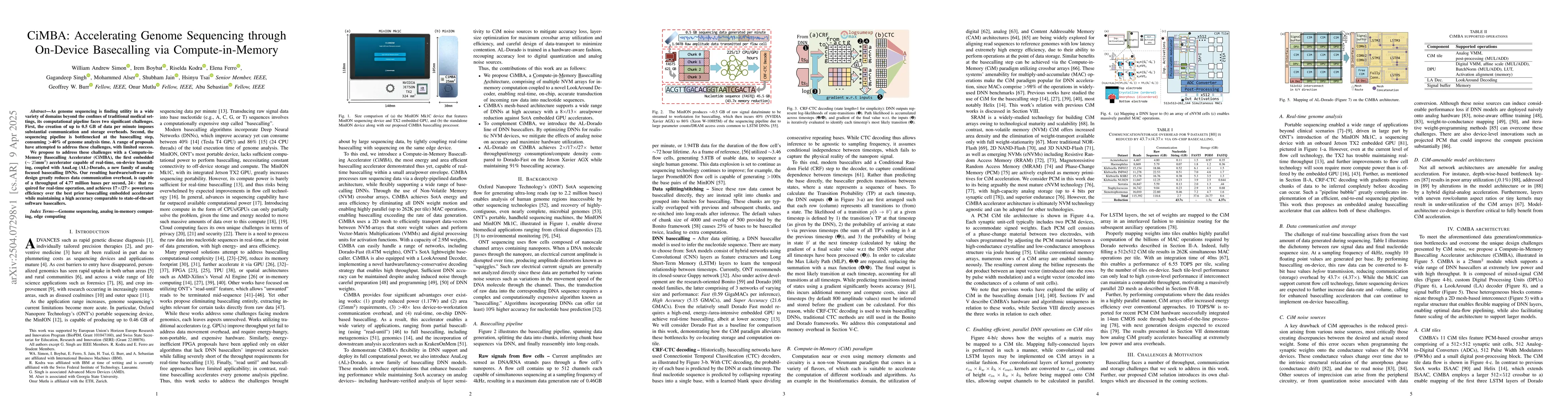 Thumbnail for CiMBA: Accelerating Genome Sequencing through On-Device Basecalling via
  Compute-in-Memory