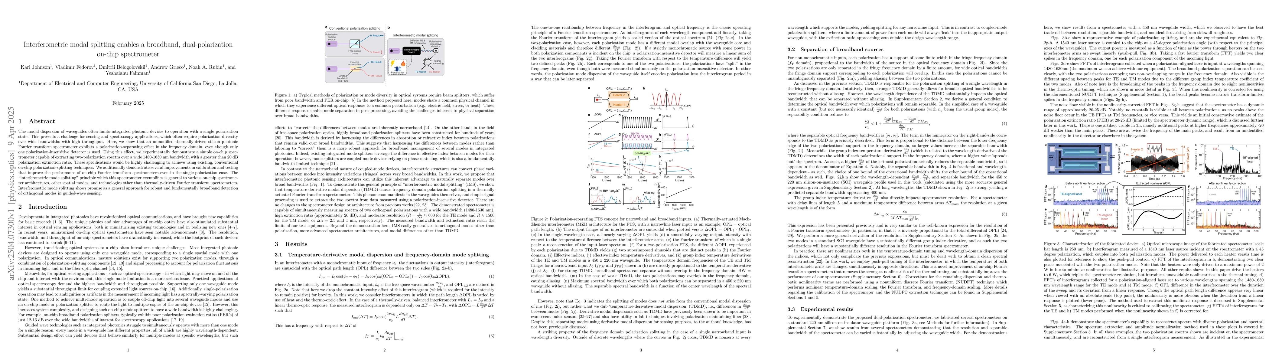 Thumbnail for Interferometric modal splitting enables a broadband, dual-polarization
  on-chip spectrometer