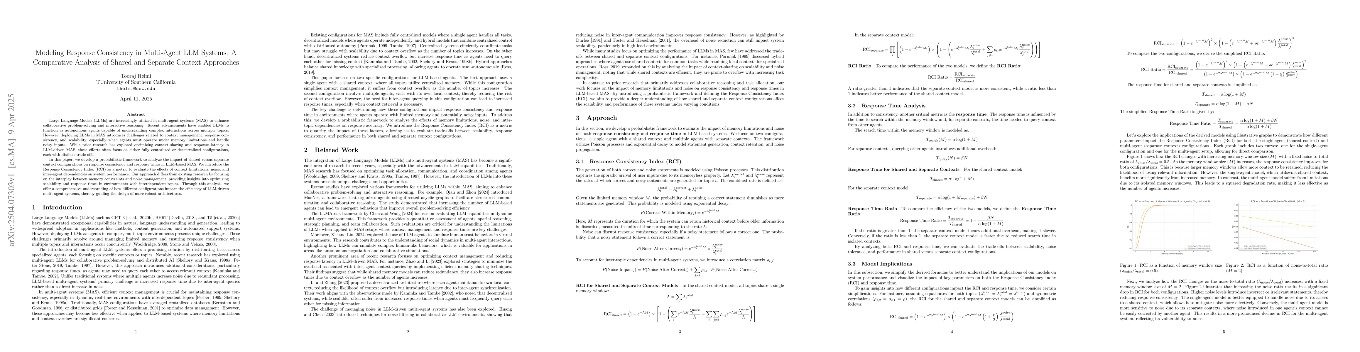 Thumbnail for Modeling Response Consistency in Multi-Agent LLM Systems: A Comparative
  Analysis of Shared and Separate Context Approaches