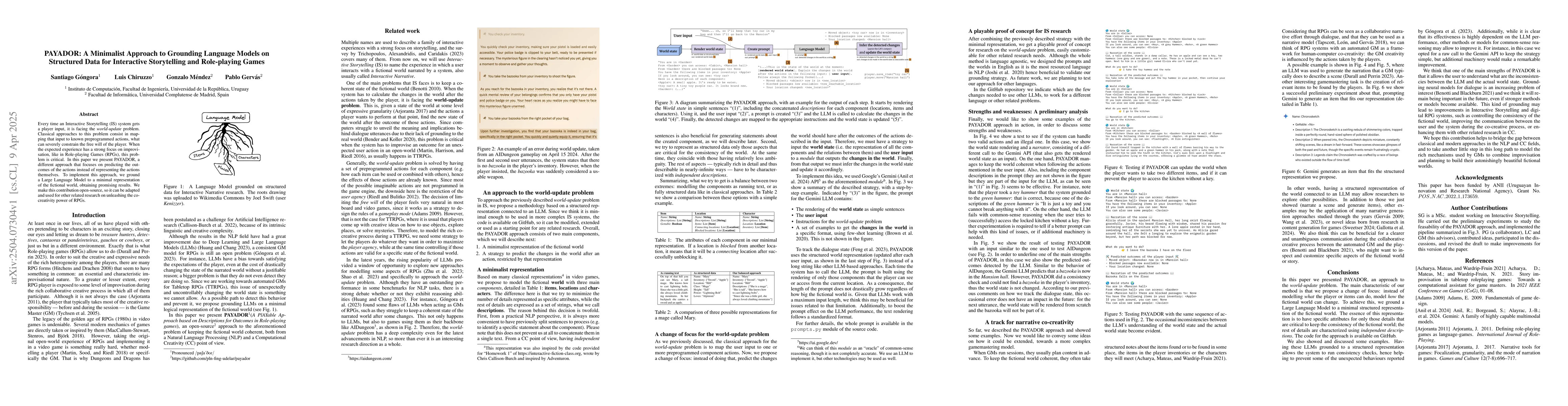 Thumbnail for PAYADOR: A Minimalist Approach to Grounding Language Models on
  Structured Data for Interactive Storytelling and Role-playing Games