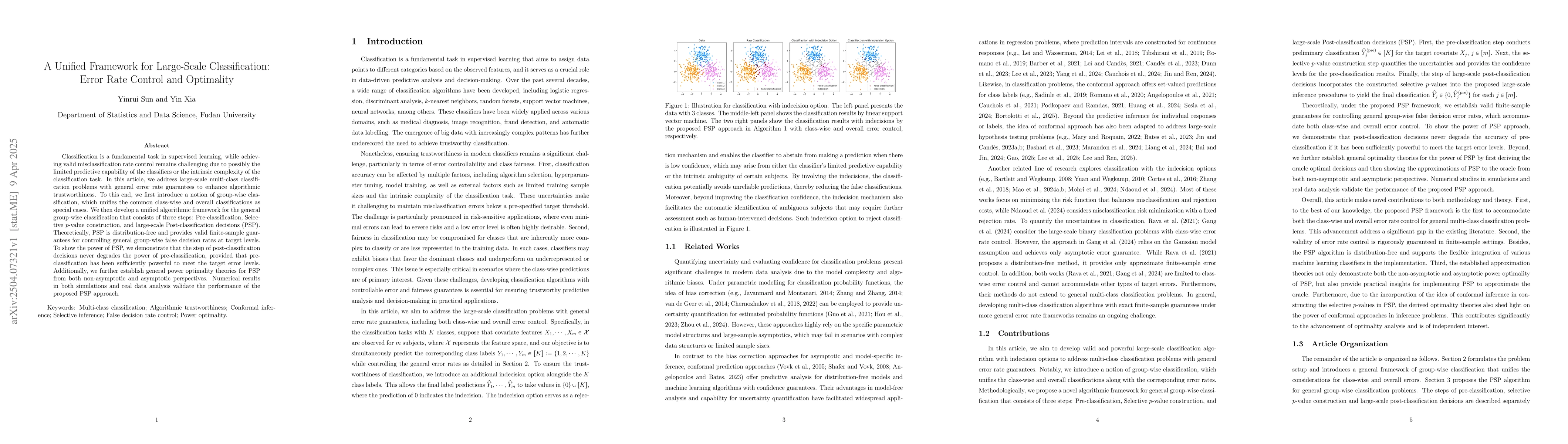 Thumbnail for A Unified Framework for Large-Scale Classification: Error Rate Control
  and Optimality