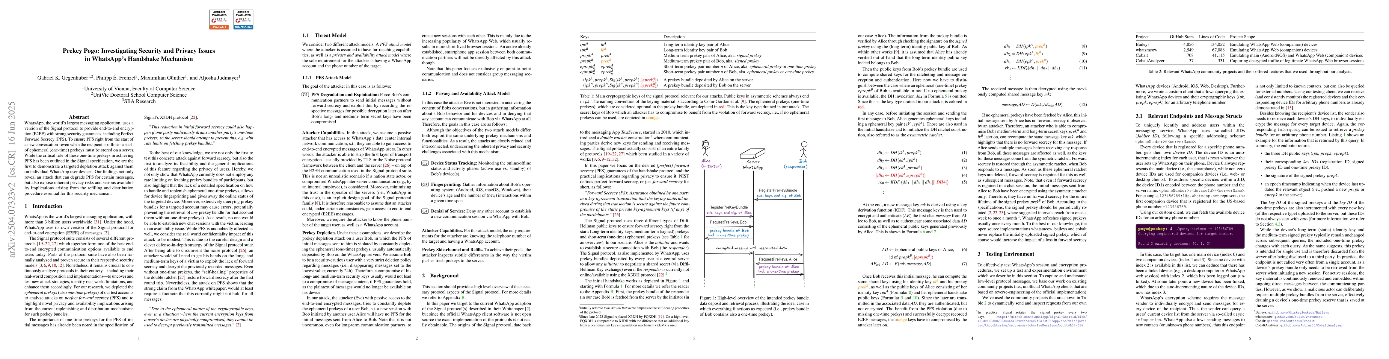Thumbnail for Prekey Pogo: Investigating Security and Privacy Issues in WhatsApp's
  Handshake Mechanism