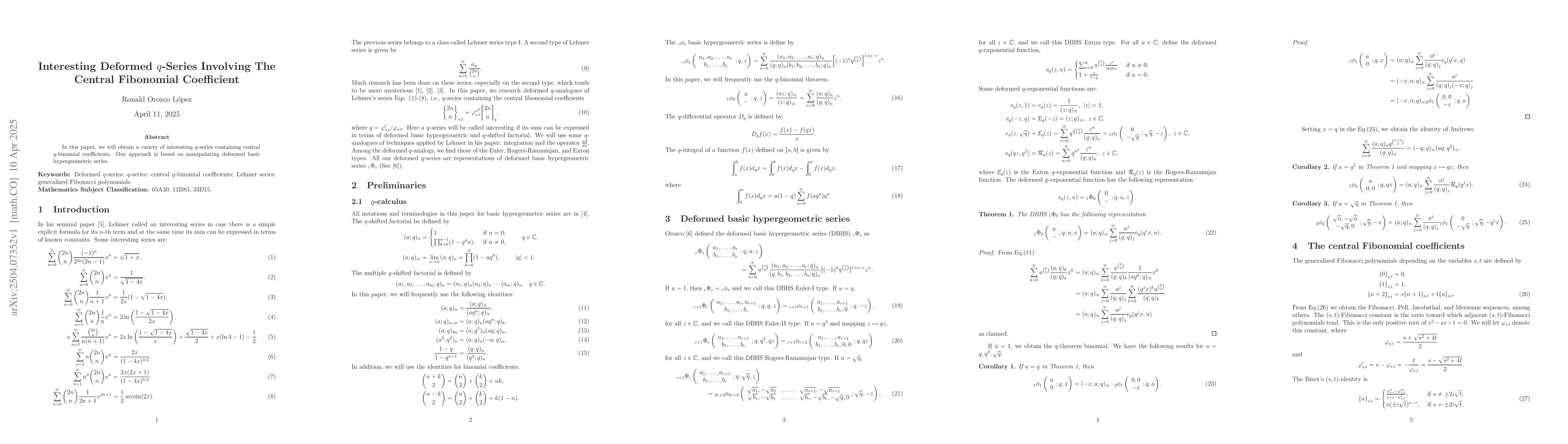 Thumbnail for Interesting Deformed $q$-Series Involving The Central Fibonomial
  Coefficient
