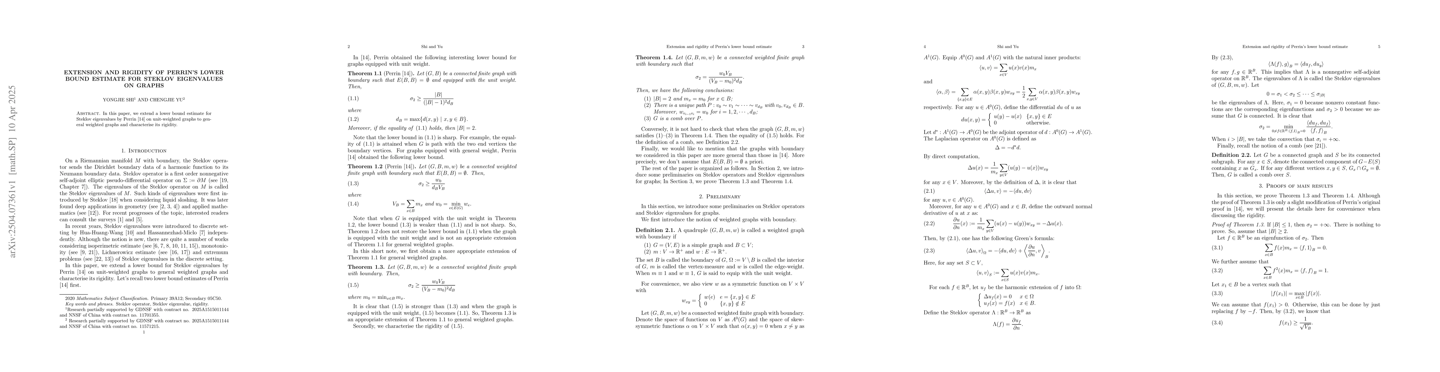 Thumbnail for Extension and rigidity of Perrin's lower bound estimate for Steklov
  eigenvalues on graphs