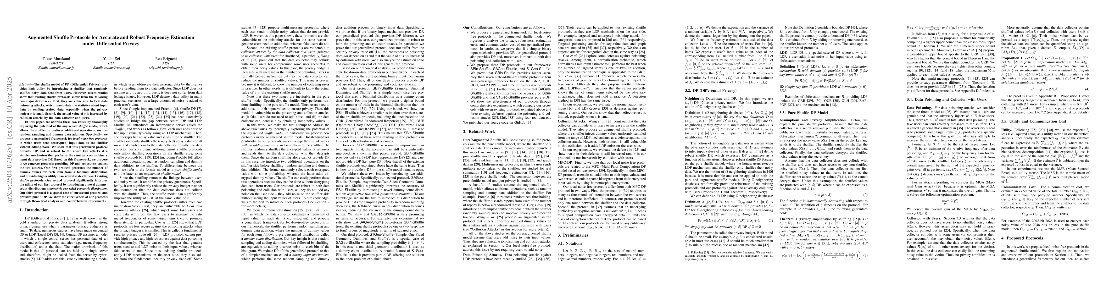 Thumbnail for Augmented Shuffle Protocols for Accurate and Robust Frequency Estimation
  under Differential Privacy