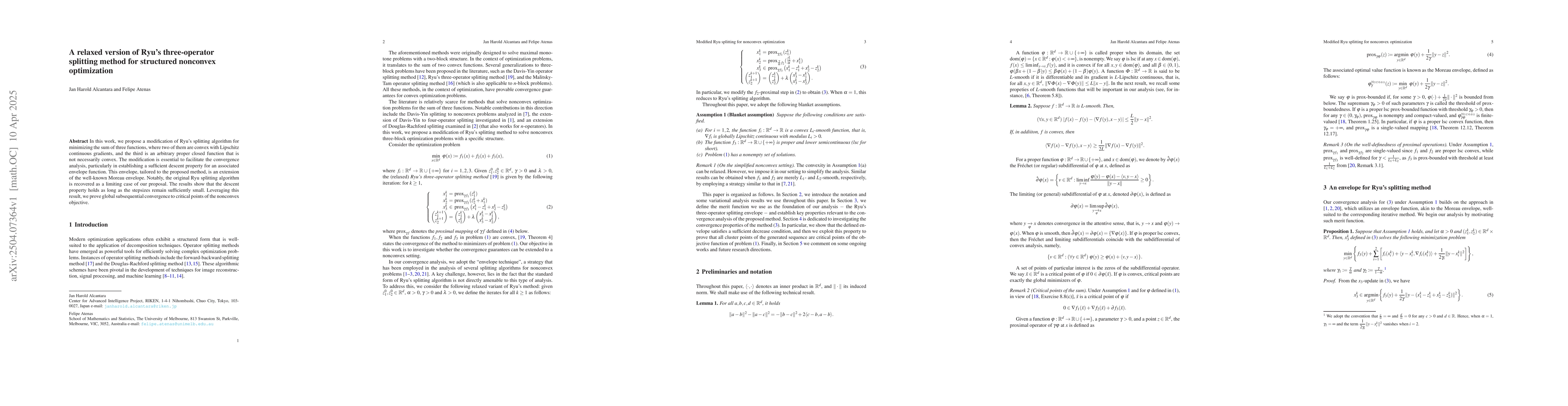 Thumbnail for A relaxed version of Ryu's three-operator splitting method for
  structured nonconvex optimization