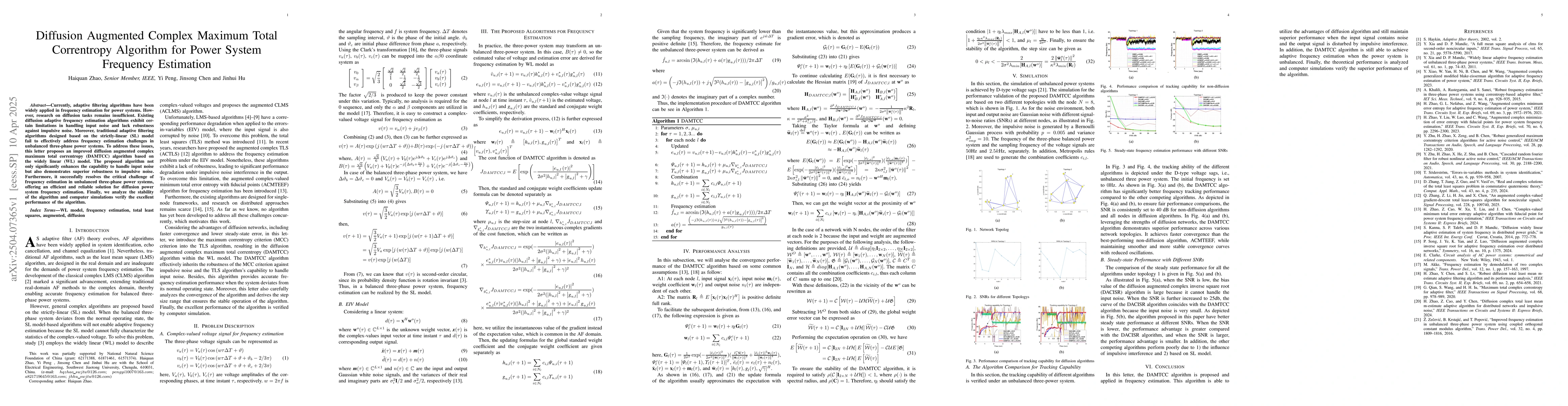 Thumbnail for Diffusion Augmented Complex Maximum Total Correntropy Algorithm for
  Power System Frequency Estimation