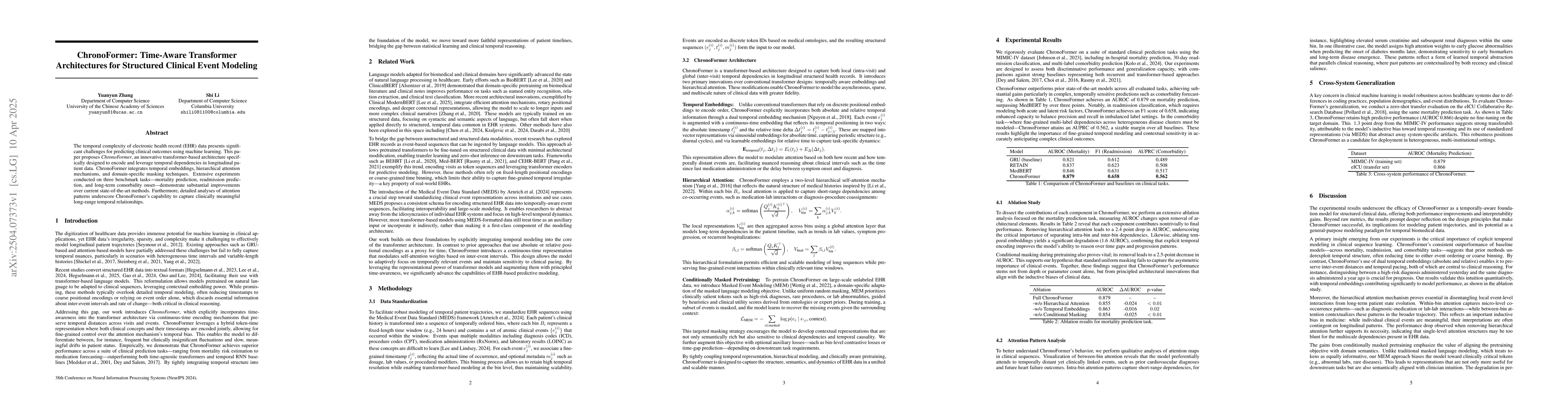 Thumbnail for ChronoFormer: Time-Aware Transformer Architectures for Structured
  Clinical Event Modeling