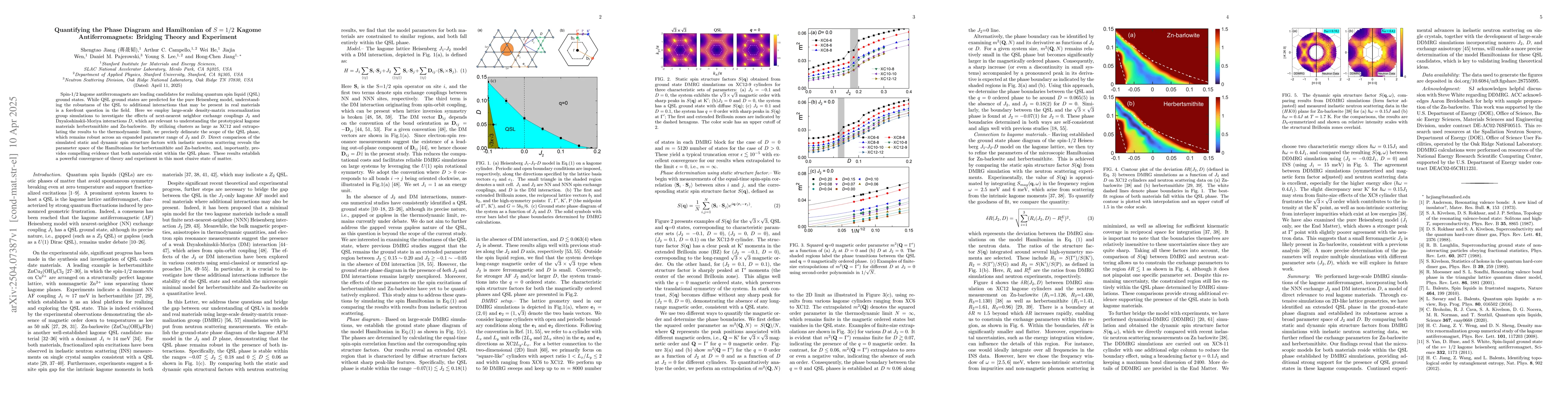 Thumbnail for Quantifying the Phase Diagram and Hamiltonian of $S=1/2$ Kagome
  Antiferromagnets: Bridging Theory and Experiment