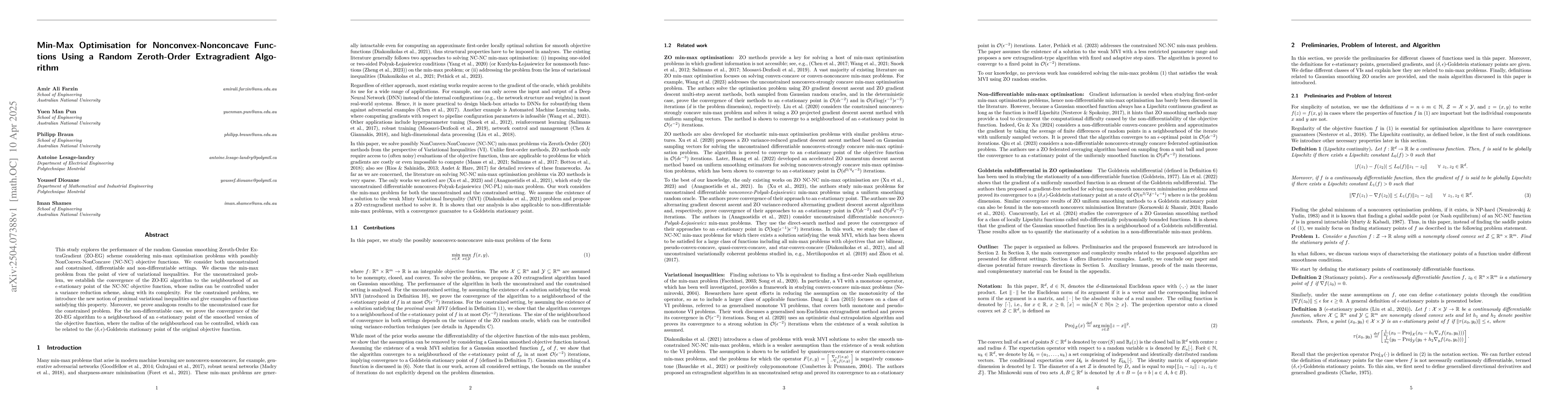 Thumbnail for Min-Max Optimisation for Nonconvex-Nonconcave Functions Using a Random
  Zeroth-Order Extragradient Algorithm