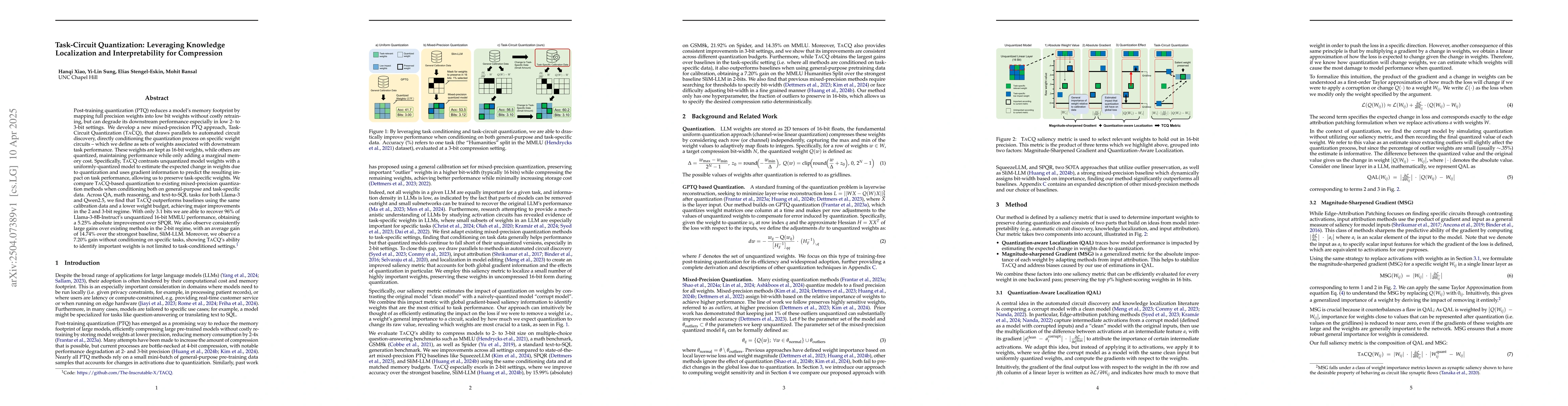 Thumbnail for Task-Circuit Quantization: Leveraging Knowledge Localization and
  Interpretability for Compression