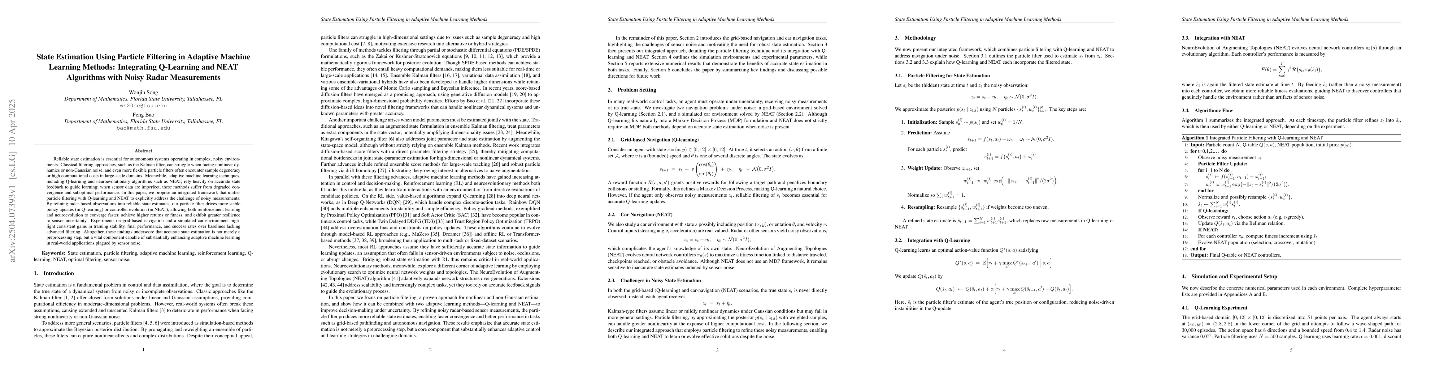 Thumbnail for State Estimation Using Particle Filtering in Adaptive Machine Learning
  Methods: Integrating Q-Learning and NEAT Algorithms with Noisy Radar
  Measurements
