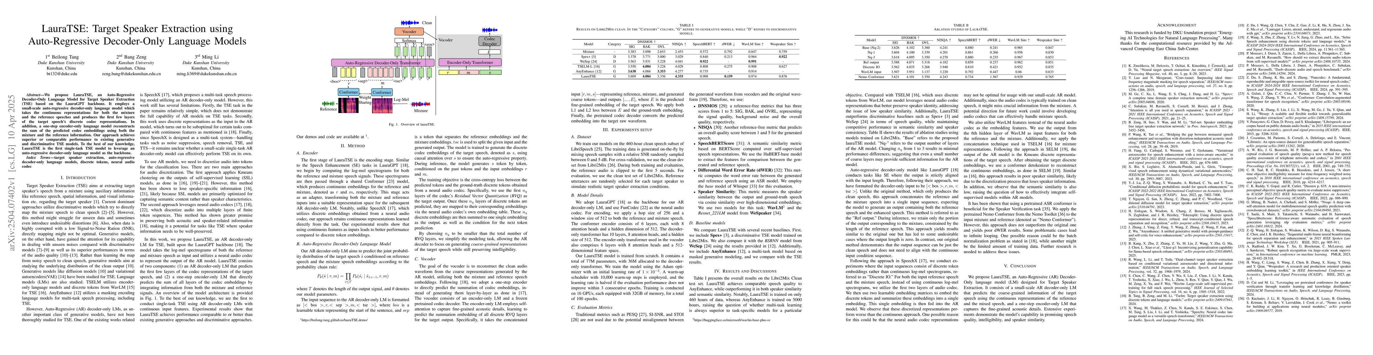 Thumbnail for LauraTSE: Target Speaker Extraction using Auto-Regressive Decoder-Only
  Language Models
