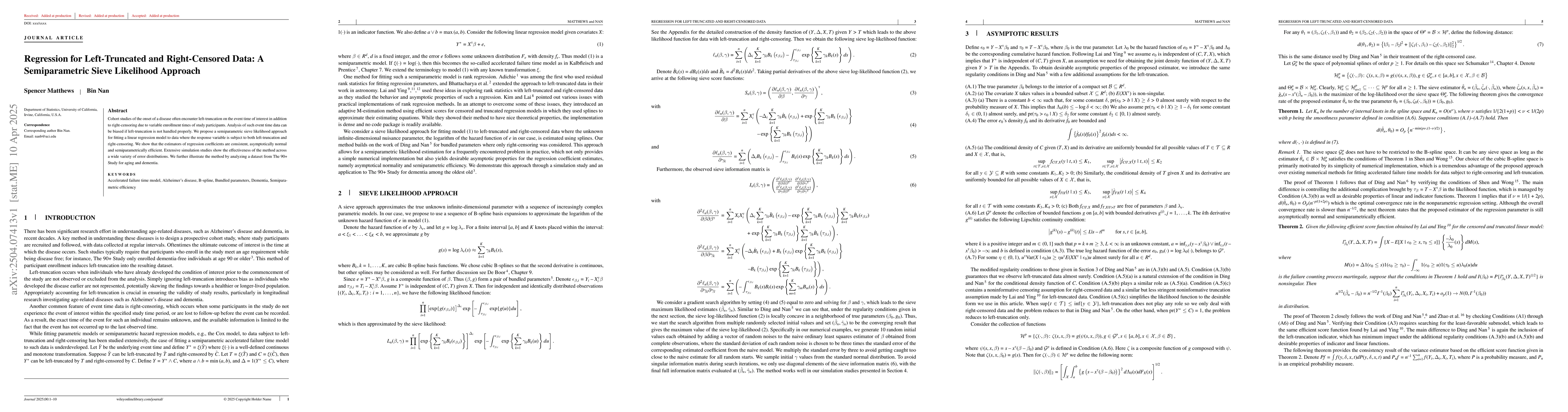 Thumbnail for Regression for Left-Truncated and Right-Censored Data: A Semiparametric
  Sieve Likelihood Approach