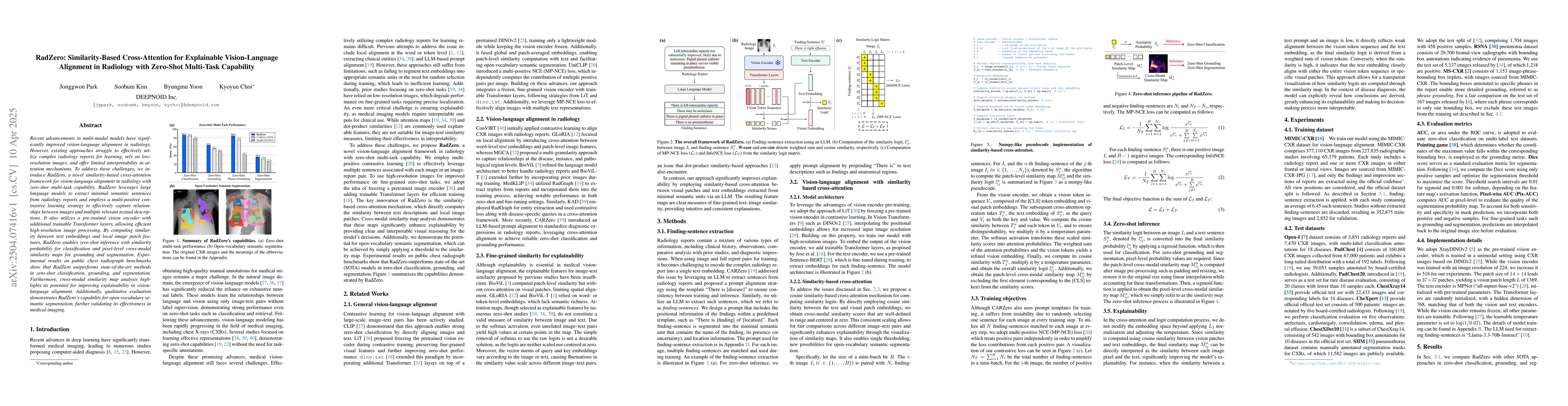 Thumbnail for RadZero: Similarity-Based Cross-Attention for Explainable
  Vision-Language Alignment in Radiology with Zero-Shot Multi-Task Capability